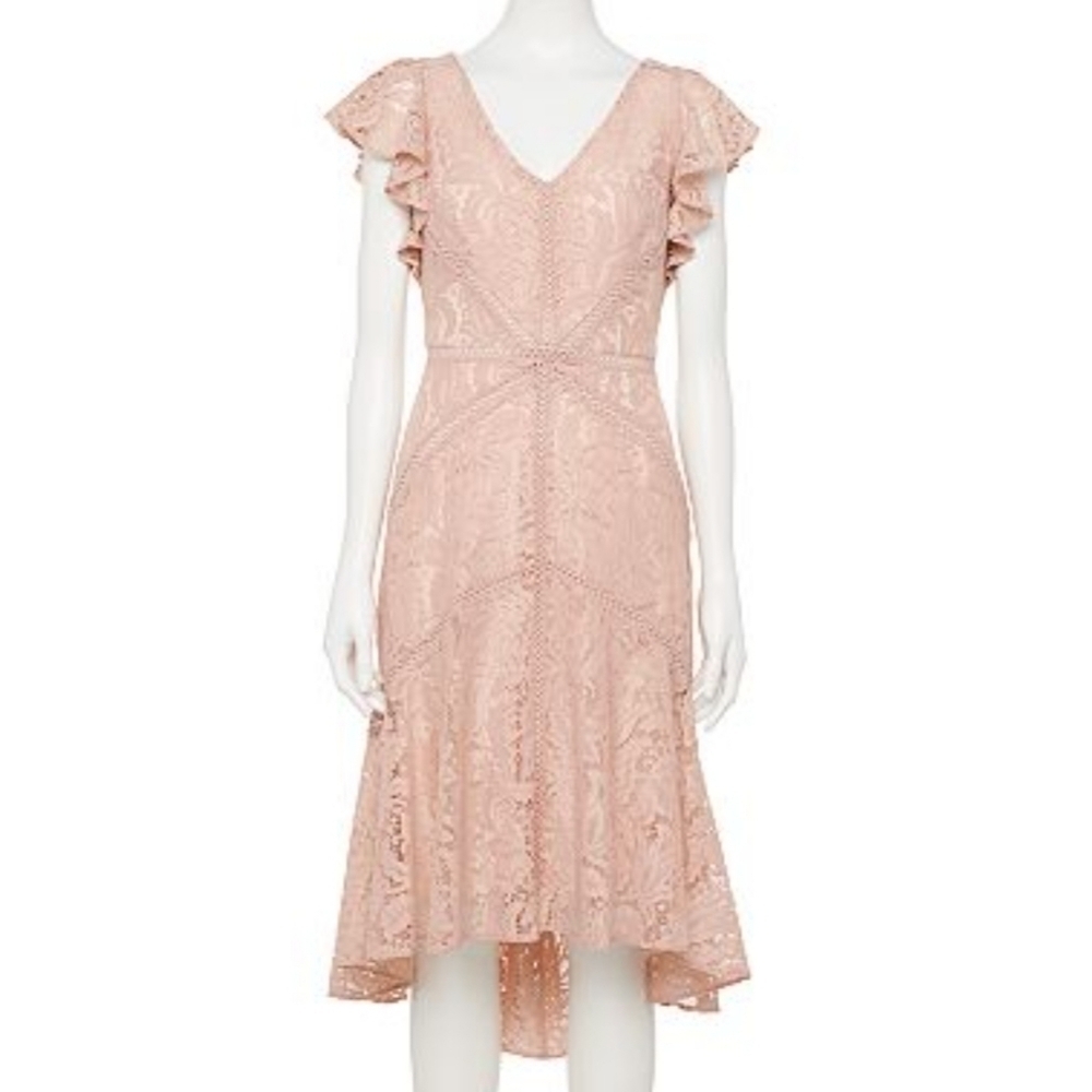 NWT Neiman Marcus Blush Lace Hi-Low Lace Midi Dress - Picture 1 of 6